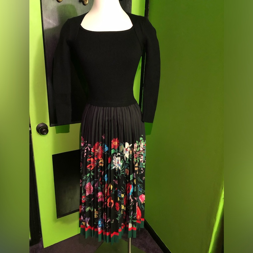 Dalia MacPhee Dress with Rib Knit Bodice and Pleated Satin Floral Skirt